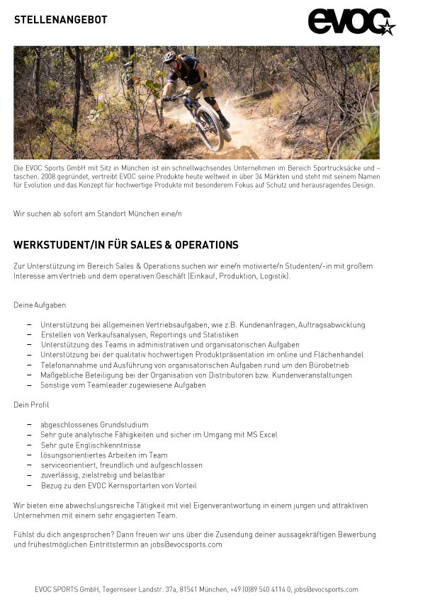 WERKSTUDENT/IN FÜR SALES & OPERATIONS