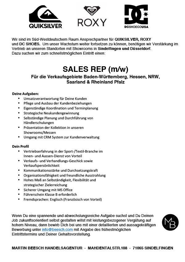 SALES REP (m/w) Gebiete: BW, HE, NRW, SL und RP
